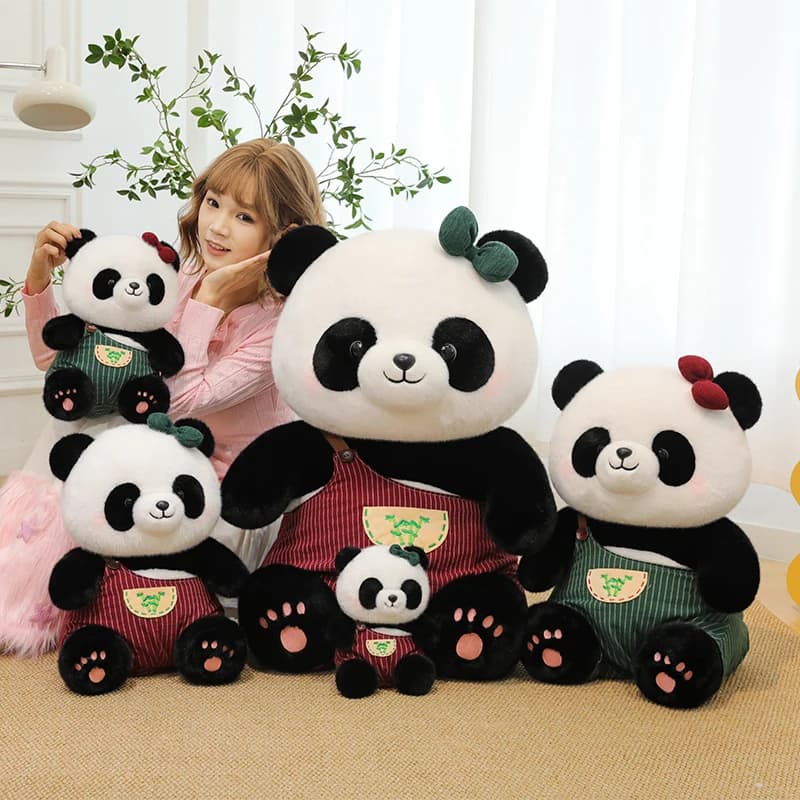 Kawaii Panda Couple Plush Doll Red Green Overalls Soft Stuffed Animal Toy for Girls Boys Home Sofa Decor Christmas Gift