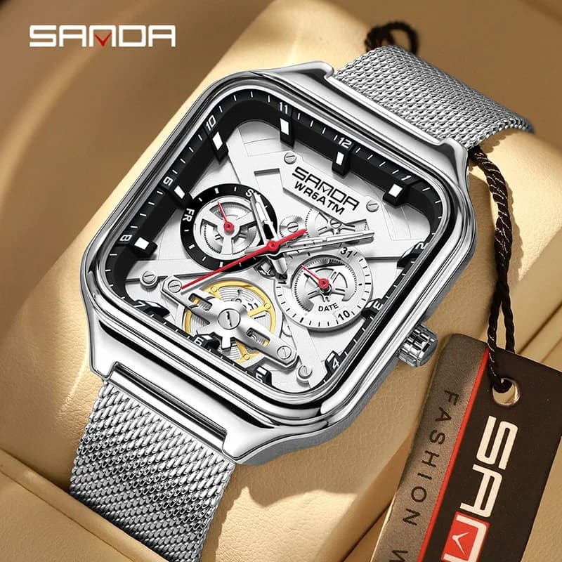 SANDA Business Leisure Men's Quartz Square Watches Metal Mesh Belt Luminous 5ATM Waterproof Calendar Week Multifunction Watch