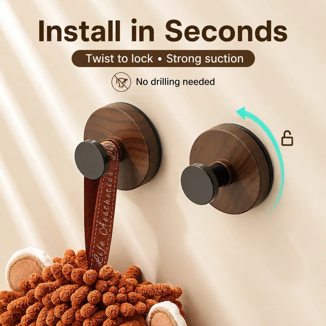 Walnut Wood Grain Suction Cup Hooks Rotating Wall Mounted No Drill Storage Hanger for Kitchen Bathroom Door