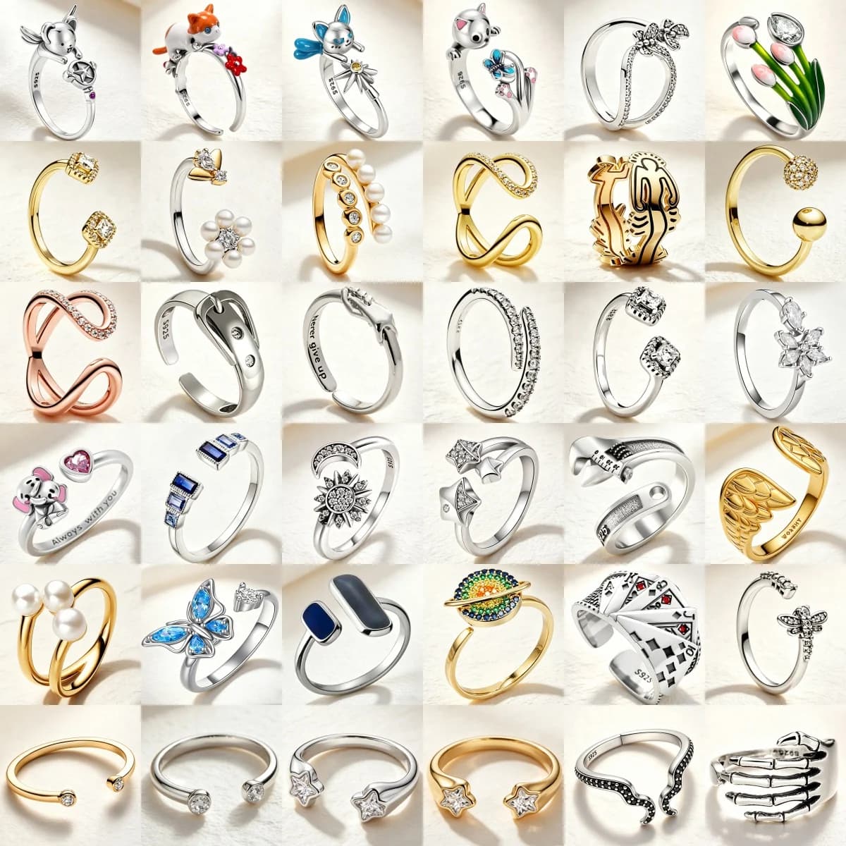 925 Silver Cartoon Small Animal Sun Moon Butterfly Pearl Opening Adjustable Exquisite Charm Fit Ring Light Luxury Jewelry