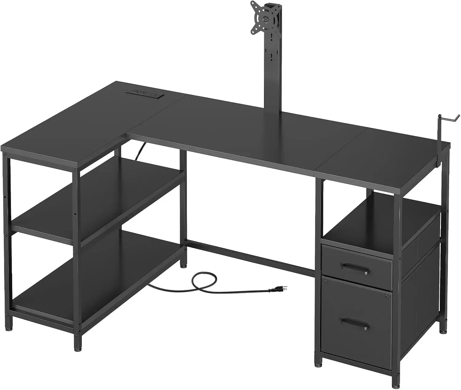 L Gaming Desk with Adjustable Monitor Support, Current Grips, Fabric and Hook Drawer for Home Office, Black