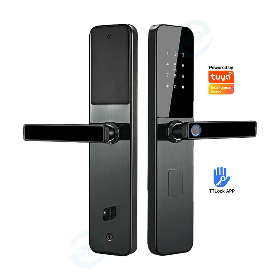 Brushed Gunmetal Smart Door Lock Space Grey Fingerprint Lever Handle Keyless Entry Home Security Tuya TTLock 5050 Mortise