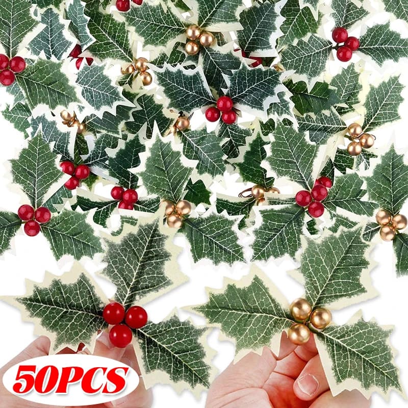 5-50 pezzi bacche di agrifoglio di Natale con foglie verdi ghirlanda fai da te fiori finti artificiali decorazione bacche rosse per albero di Natale Capodanno