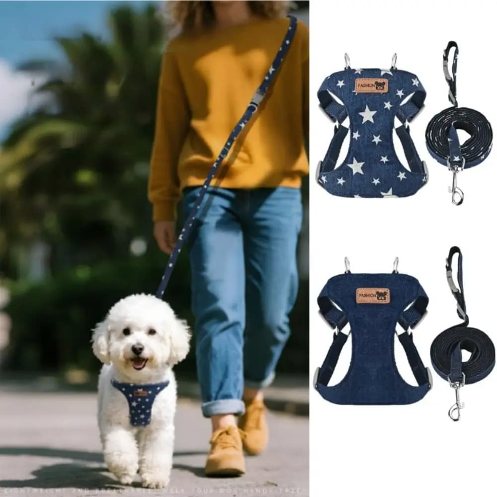 Set Pettorina e Guinzaglio Regolabile per Cani in Denim e Rete, Anti-Fuga, Traspirante, Stile Gilet