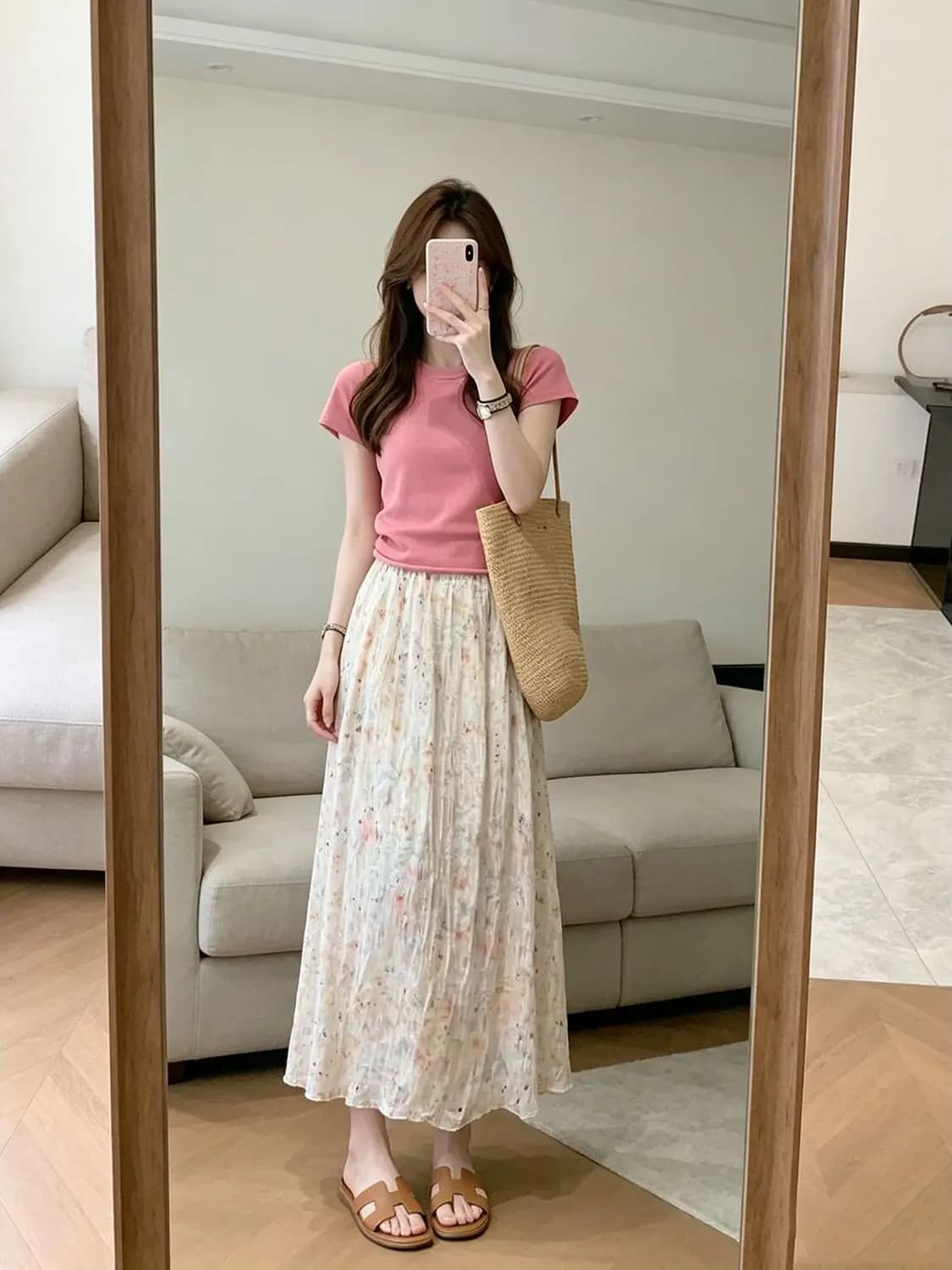 Summer Beautiful Pink T-Shirt Floral Skirt Set Women's Waist-Cinching Slimming Cute Two-Piece Suit Casual Style round Neck ...