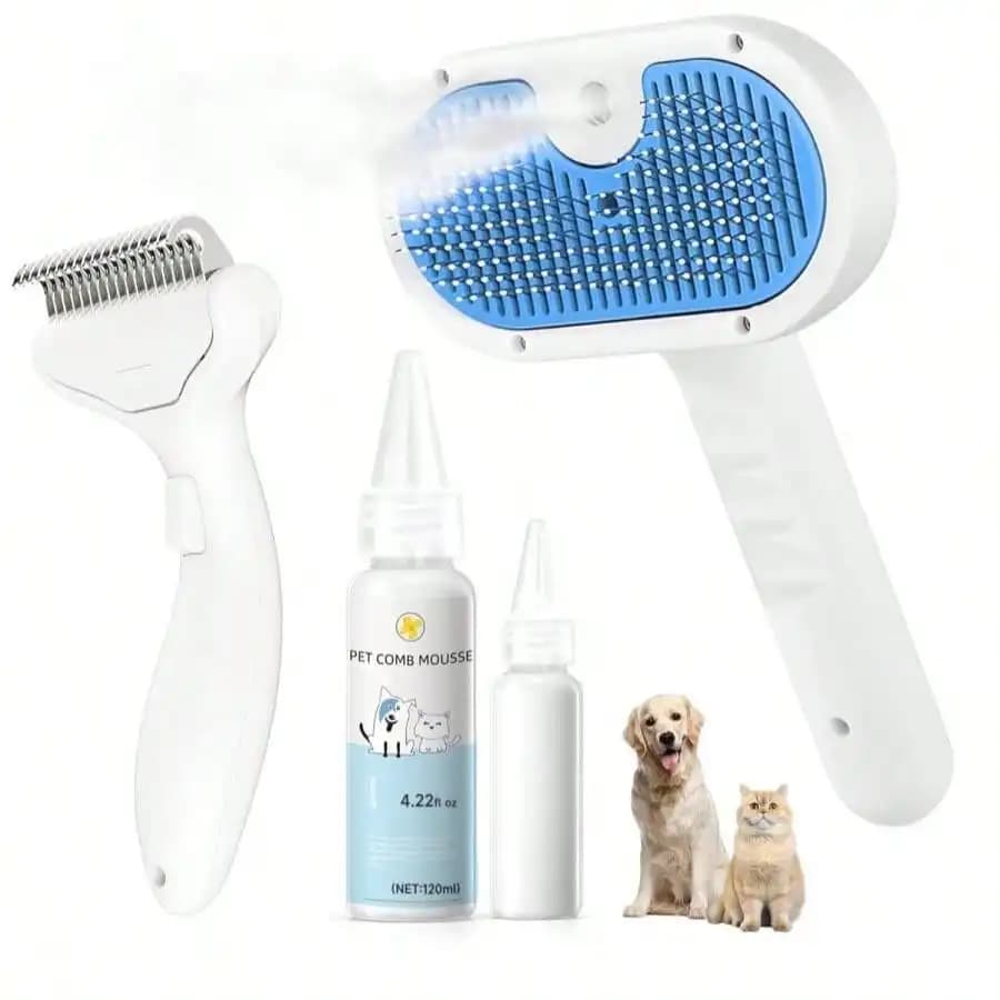 Spazzola a vapore per cani e gatti - Spazzola lisciante 3-in-1 a vapore e rastrello per la rimozione del sottopelo - Pettine spray autopulente con nebulizzatore per animali domestici a pelo lungo e corto - Include shampoo senza acqua, Blu