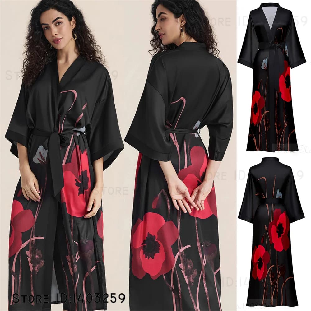 Print Flower Bride Wedding Robe Nightgown Half Sleeve Kimono Bathrobe Gown Sexy Silk Satin Night Wear Loose Negligee Home Dress