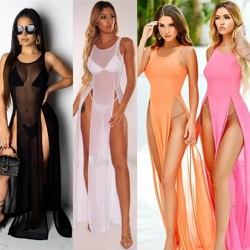 Abito lungo sexy da donna in rete trasparente copricostume da spiaggia vestito estivo abito lungo solido abito con cinturino senza maniche