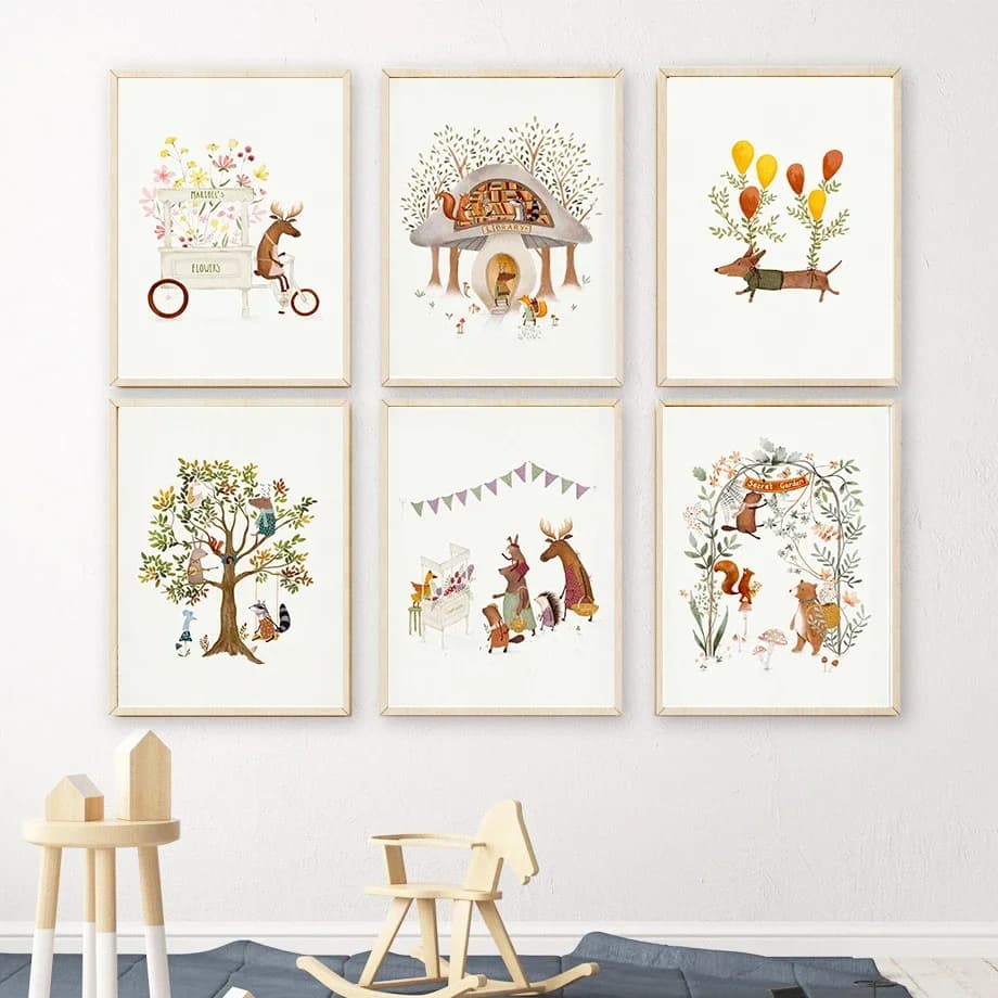 Cute Woodland Animals Illustration Flowers & Plants Art Print For Children Wall Art Poster Canvas Home Living Room Decor