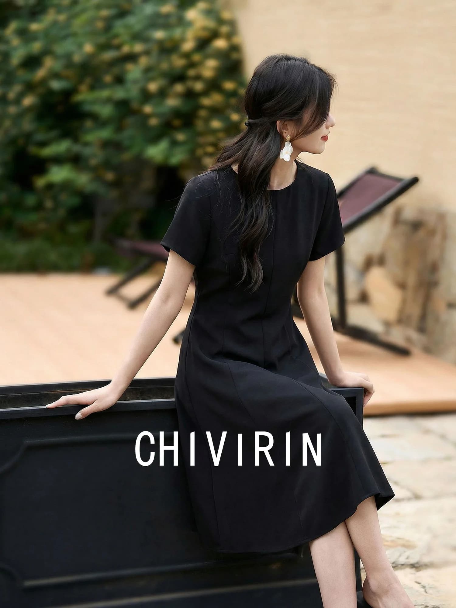 Elegante Abito Camicia Nero con Collo Rotondo, Gonna Midi Modellante da Donna in Acetato, Stile Maturo Leggero, Primavera Estate, Abbigliamento Casual Chivirin
