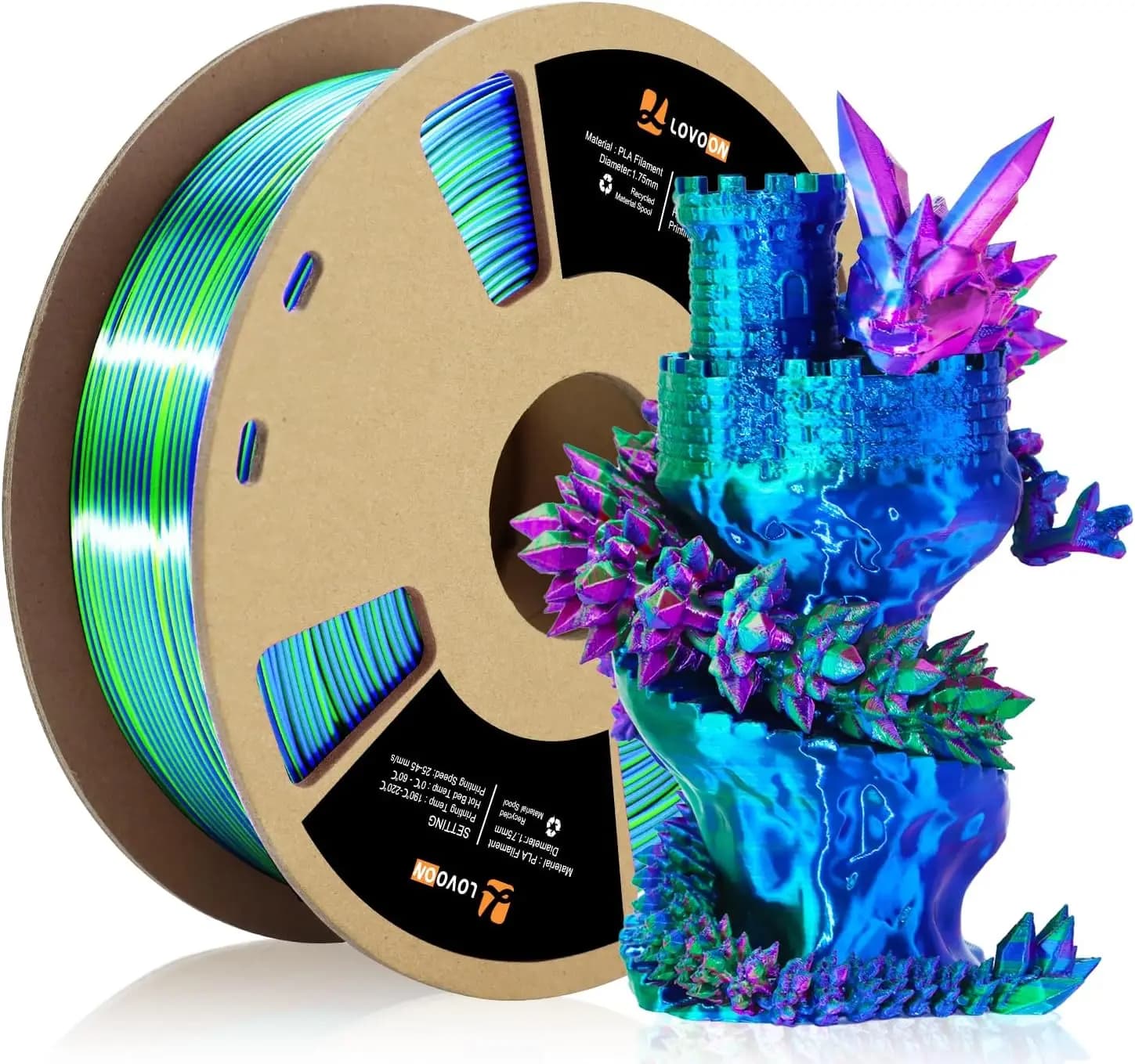 Silk Rainbow Tri-Color PLA Filament 1.75mm, Green-Red-Blue, Dimensional Accuracy +/-0.02mm, 2.2lbs/Spool