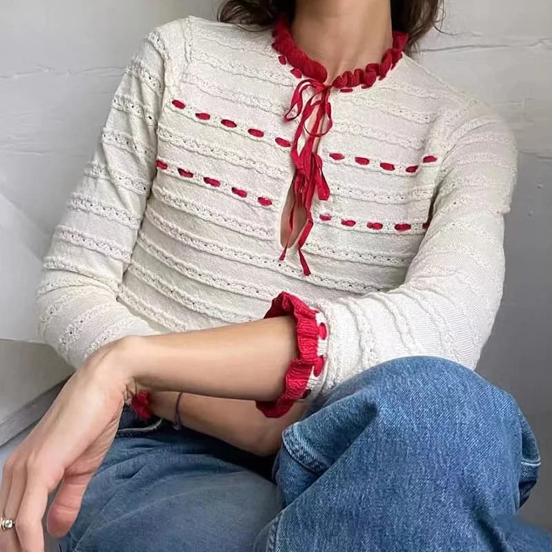 French Style Short Knitted Sweater with Ribbon Knot Hollow out Design Color Block Collar Wood Grain for Women
