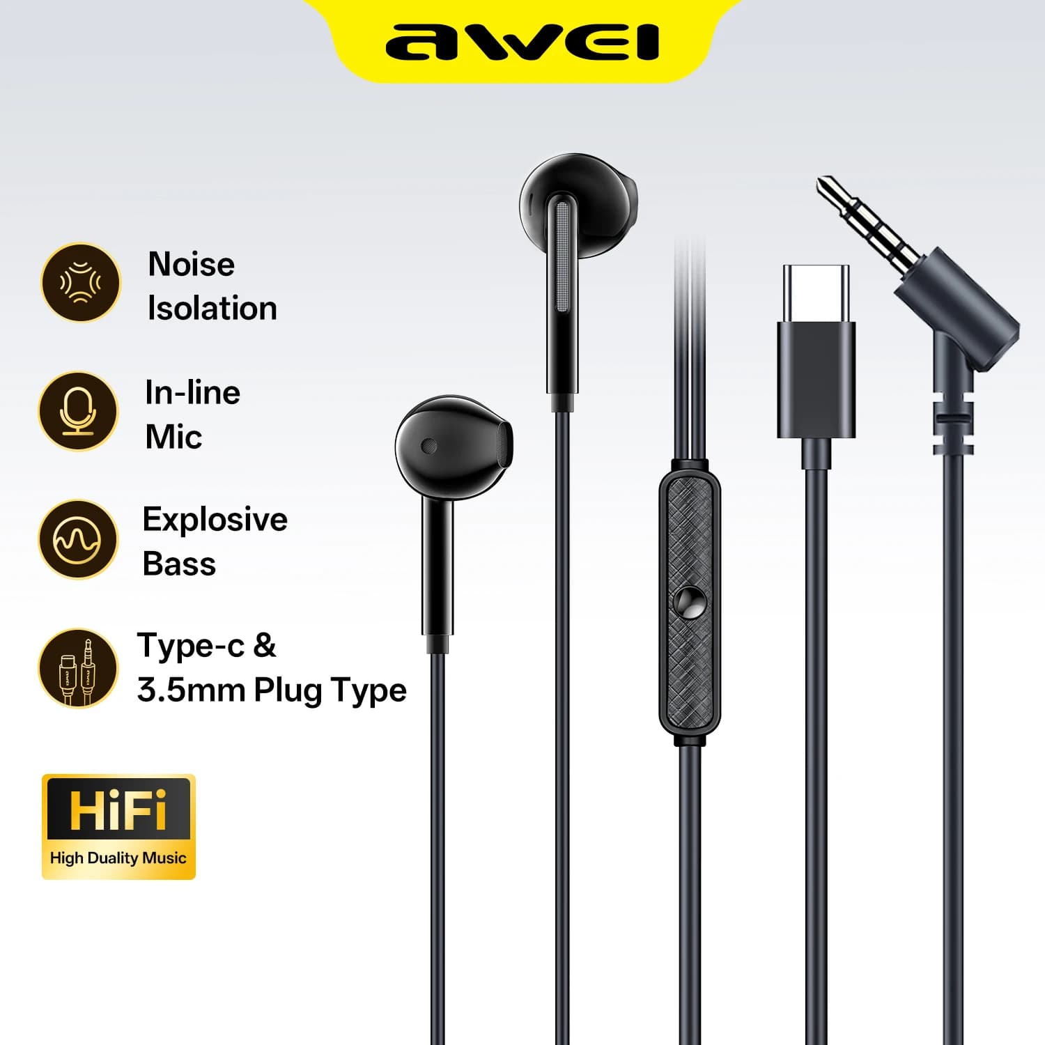 Awei PC-7/PC-7T auricolare a filo controllato 3.5mm/Type-C In-ear con microfono cuffie per chiamate In vivavoce per Xiaomi Samsung