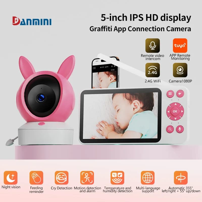 DANMINI 5 "TuyaAPP Baby Monitor Protezione di sicurezza Telecamera di sorveglianza PTZ wireless con rilevamento del movimento per visione notturna a infrarossi