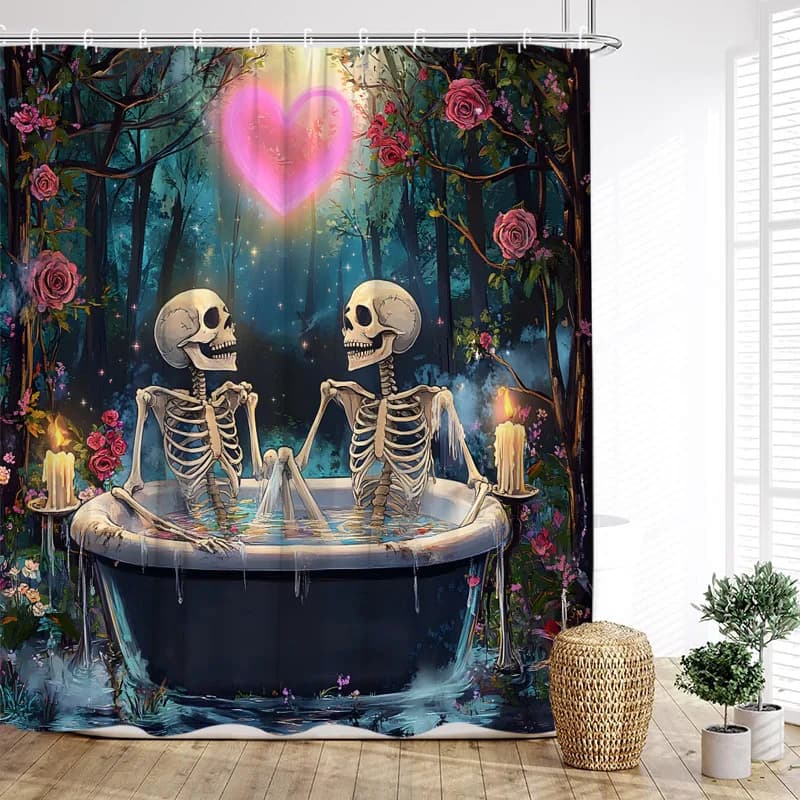 Tende da Doccia Divertenti per Amanti del Bagno con Scheletri, Rose, Fiori, Alberi e Cuori - Decorazione per il Bagno di San Valentino