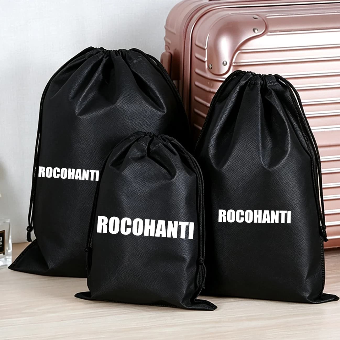 100X Custom Logo Print Reused Non-woven Shopper Tote Drawstring Bag Packaging Storage Clothes Bag Black Non Woven Shoe Dust Bag