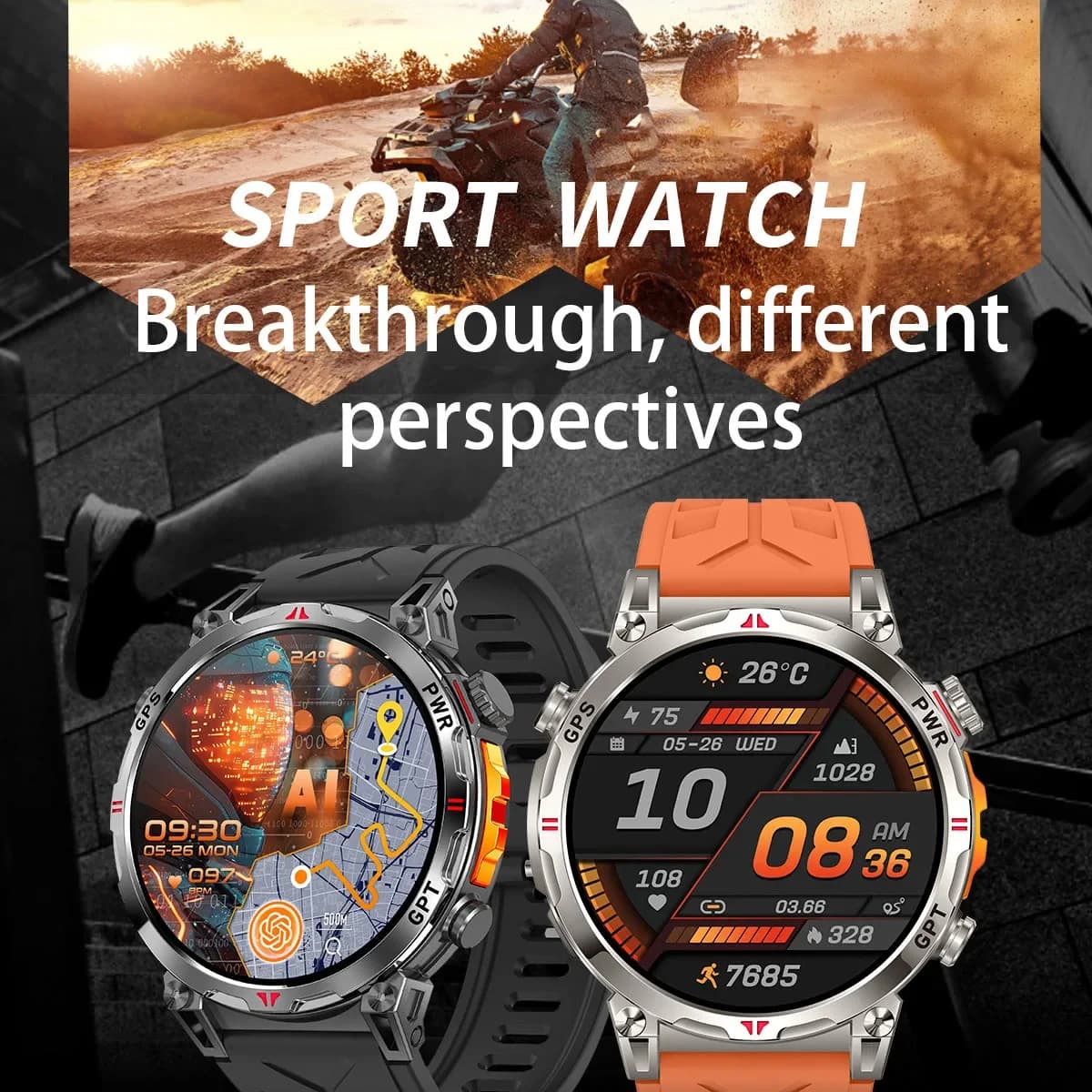 GPS Smartwatch with compass, Monitoring Cardiac and Oxygen Frequency in the Blood, Fitness Tracker Waterproof for Sport, Bluetooth Calls
