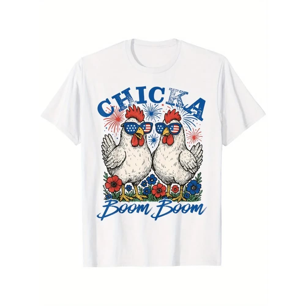 Men's Patriotic 4th of July T-Shirt - Funny Floral Chicka Boom Boom Chicken Design with Fireworks & American Flags, Super Soft Breathable Cotton, Moisture-Wicking, Regular Fit Casual Tee for Independence Day Celebrations, Independence Day Clothes, Playful