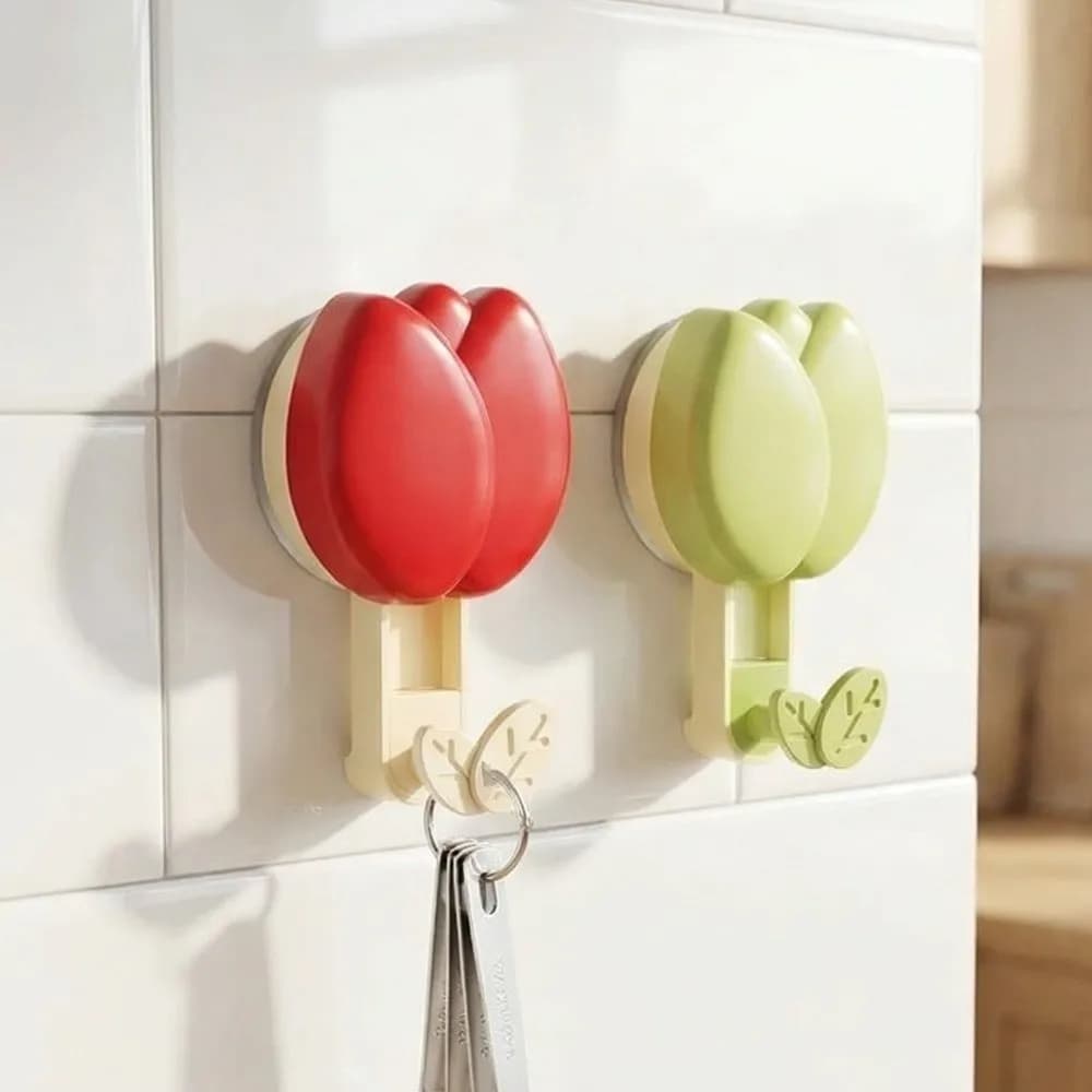 Ganci a ventosa in plastica a forma di tulipano, senza foratura, rimovibili, da parete, simpatici ganci a ventosa a forma di fiore per dormitorio