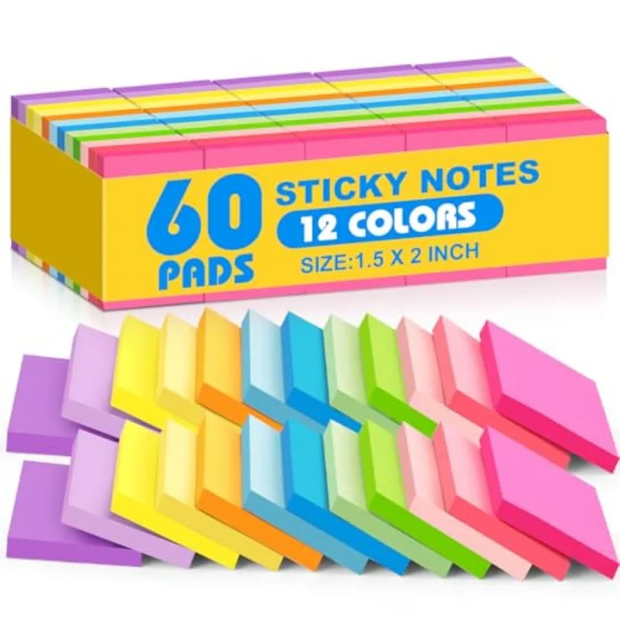 Confezione di Blocchetti Adesivi 1.5x2 Pollici, 12 Colori Vivaci, Mini Blocchetti Adesivi Premium, Blocchetti Adesivi in Bulk per la Scuola