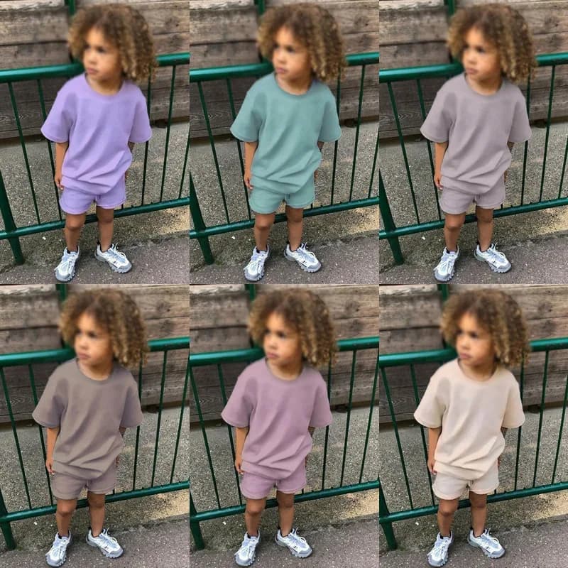 Somenie Kids Summer 2 Piece Outfit, Unisex Boys Girls Solid Cotton Top & Casual Cotton Shorts Matching Set