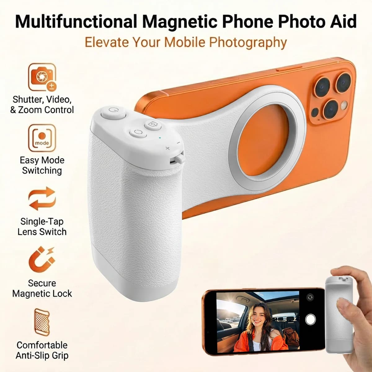 Multifunctional Magnetic Phone Camera Grip with Single-Tap Lens Switch & Zoom Control, Secure Magnetic Lock & Comfortable Anti-Slip Handle, Easy Mode Switching for Vlogging & Selfies, Bluetooth Photo Aid for iPhone Android