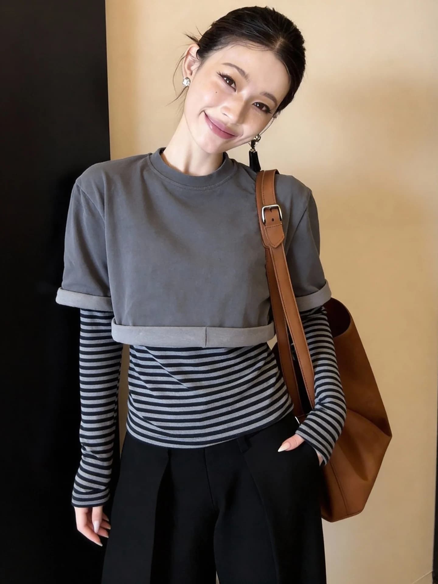 Slimming Striped T-Shirt Two-Piece Set Color Block Korean Style Base Shirt Women's Fashion Autumn Top Commute Style Loose Fit