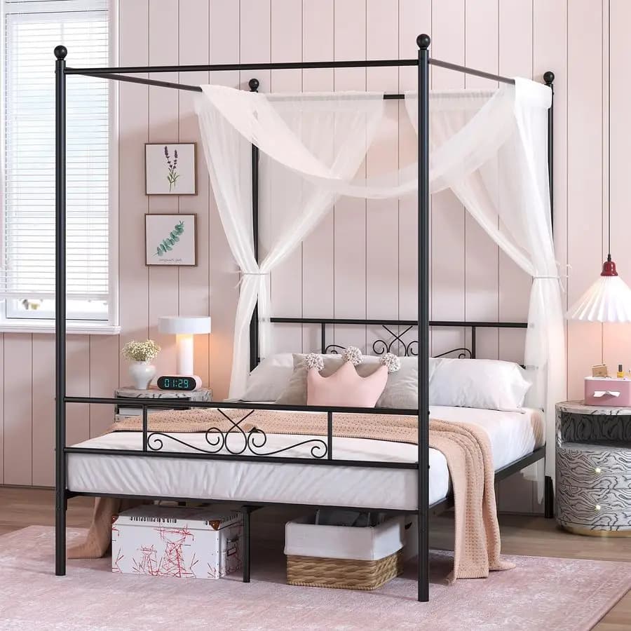 Double canopy bed structure, with headboard and footboard, base for 4 pole mattress, does not require spring net