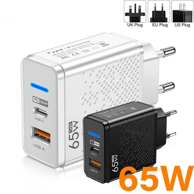 65W GaN PD Fast Charger 2-Port USB C USB A Quick Charge Wall Charger for Samsung Huawei Xiaomi iPhone EU/US/UK/KR Plug