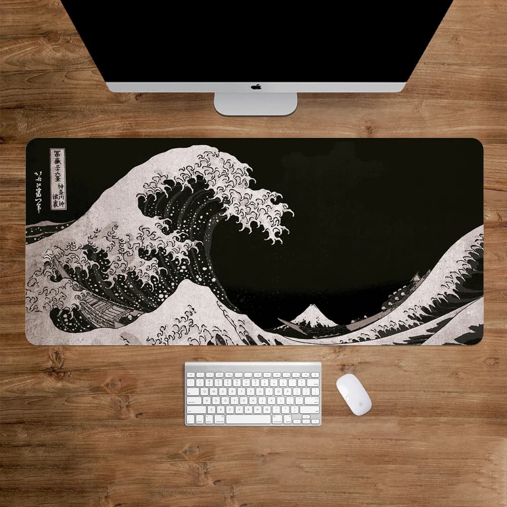 The Great Wave Off Kanagawa Tappetino per mouse da gioco nero Cuscini Tappetino antiscivolo sul tappeto da tavolo Gamepad Tappetino per mouse gadget da scrivania