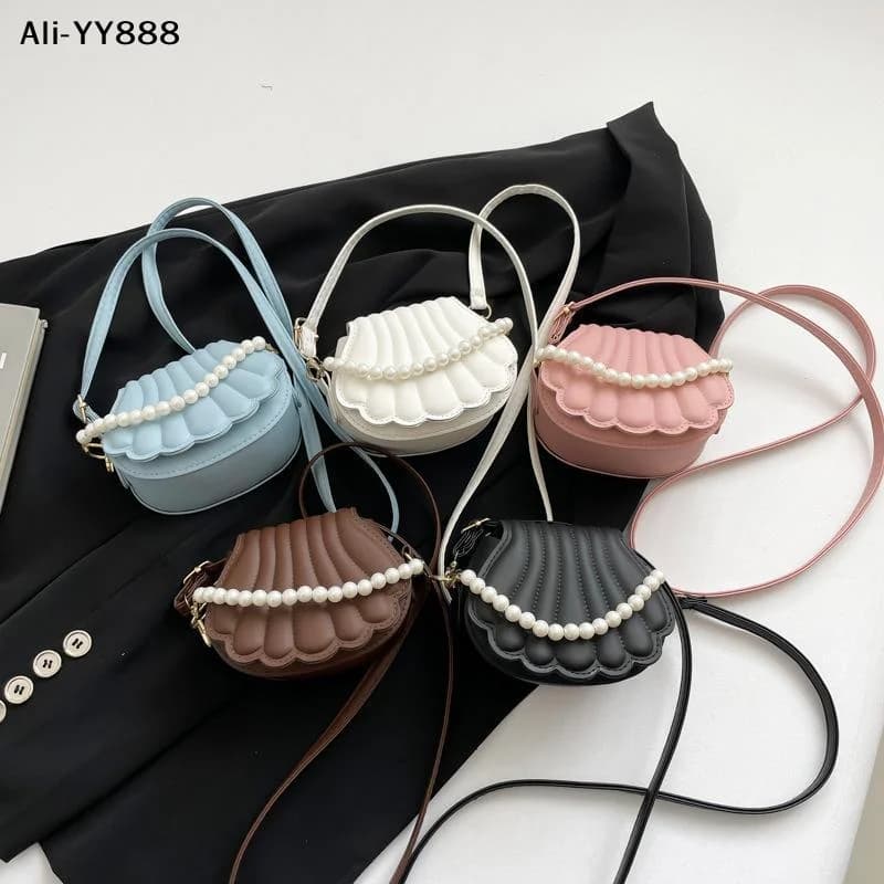 【A】French Pearl Chain Handbag Women Seashell Fashion Shoulder Bag PU Leather Clutch Purse Chic Small Satchel