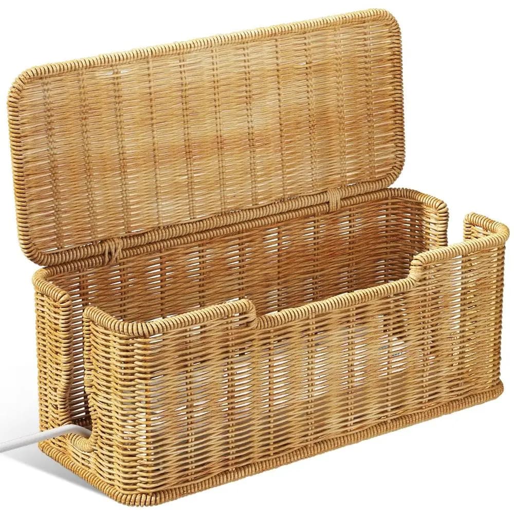 Nuova Scatola Portacavi Intrecciata a Mano con Coperchio, 2 Scomparti Aperti, Organizzatore per Cavi, Contenitore per Nascondere Multipresa e Router, Scatola da Scrivania