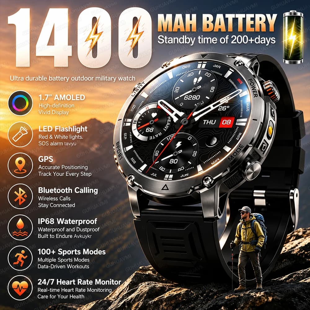 Nuovo Smartwatch da Esterno 1400mAh per Uomo, IP68 Impermeabile, Display AMOLED da 1.7", Torcia, Cardiofrequenzimetro, Chiamate Bluetooth, GPS Tracker, Orologio Sportivo