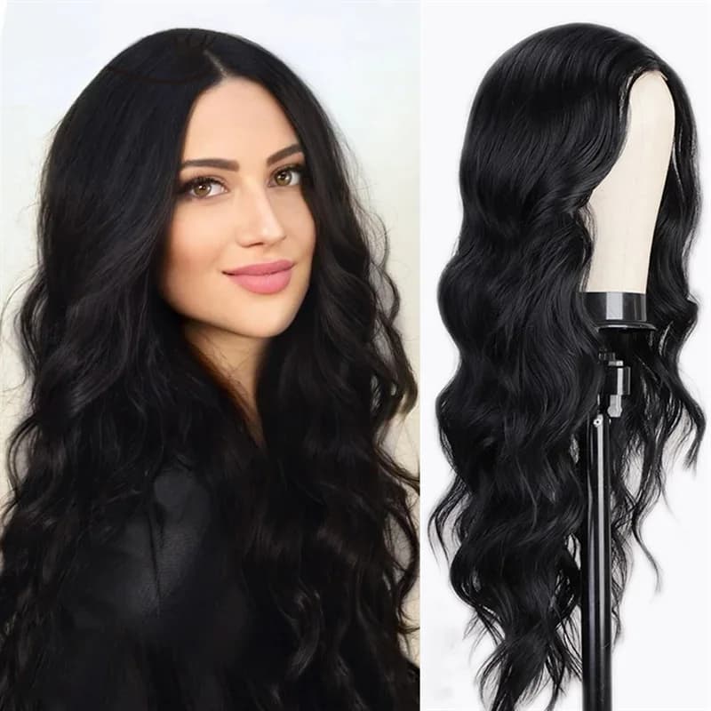 Fashionable black synthetic wig Big waves long curly hair soft long hair fashion high temperature silk wig complete head cover