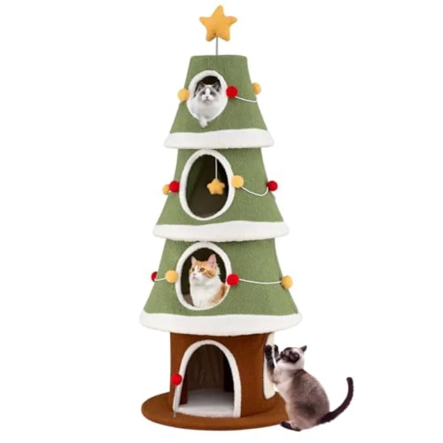 Albero di Natale per Gatti da 61 Pollici con Tappeto in Sisal, Ornamenti Colorati, Palline Pendenti, Giocattolo a Molla e Cima a Stella, Ideale per Gatti da Interno