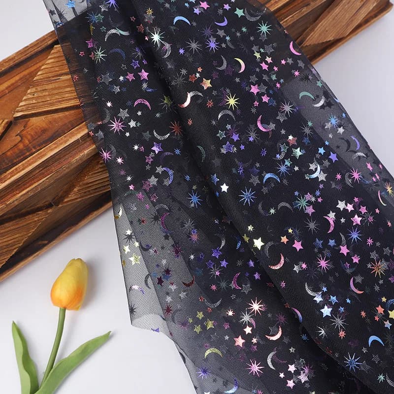 5M 150Cm Wide Iridescent Star Moon Foil Print Tulle Net Cloth for Women Puffy Skirt Doll Blouse Hair Accessories Fabric F153