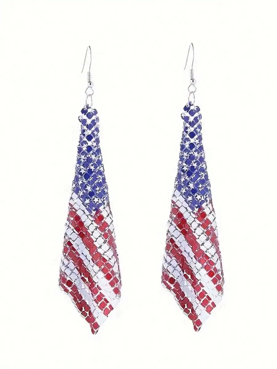 1 Pair Retro Creative Red White Blue Net Fabric USA Flag Design Dangle Earrings For Women, Suitable For 4th Of July Party, Gift-