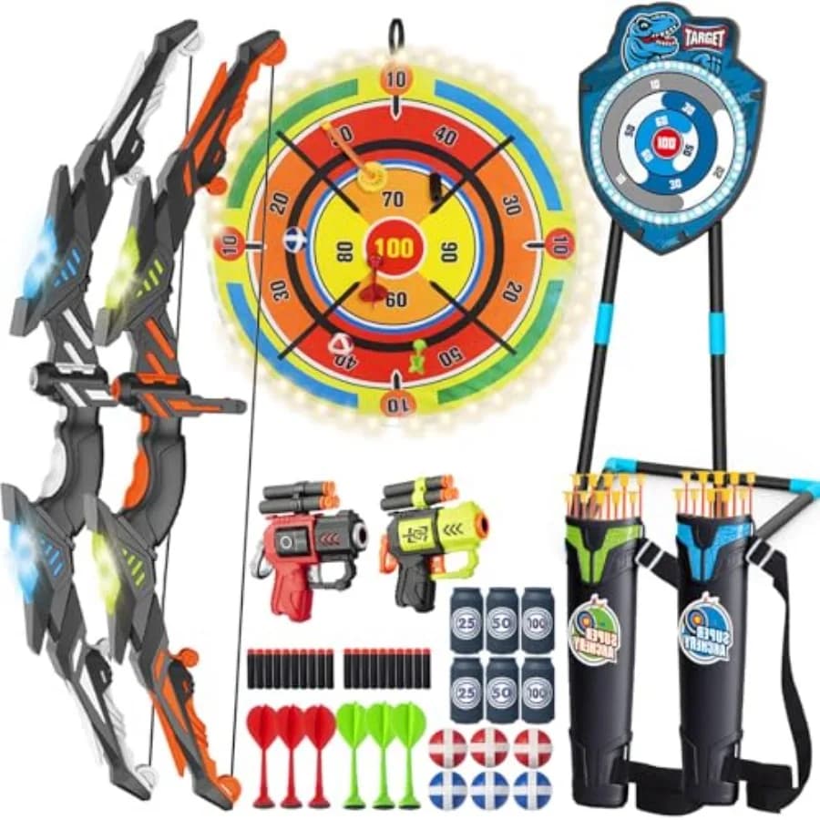 Set da Tiro con l'Arco LED 2 Pezzi con Bersaglio Illuminato, 20 Frecce a Ventosa, Arco e Frecce per Sport Indoor e Outdoor per Bambini da 3 a 12 Anni