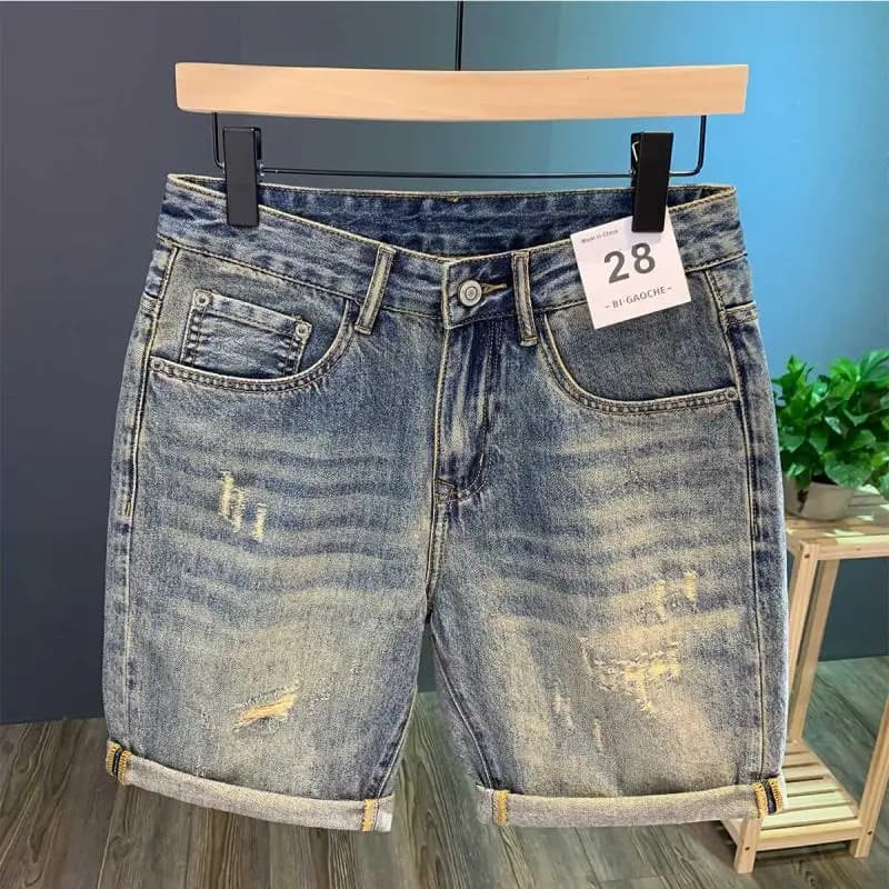 Pantaloncini di jeans strappati High Street Pantaloni estivi sottili a cinque punti da uomo Marchio coreano alla moda Ins Pantaloni dritti comodi e popolari