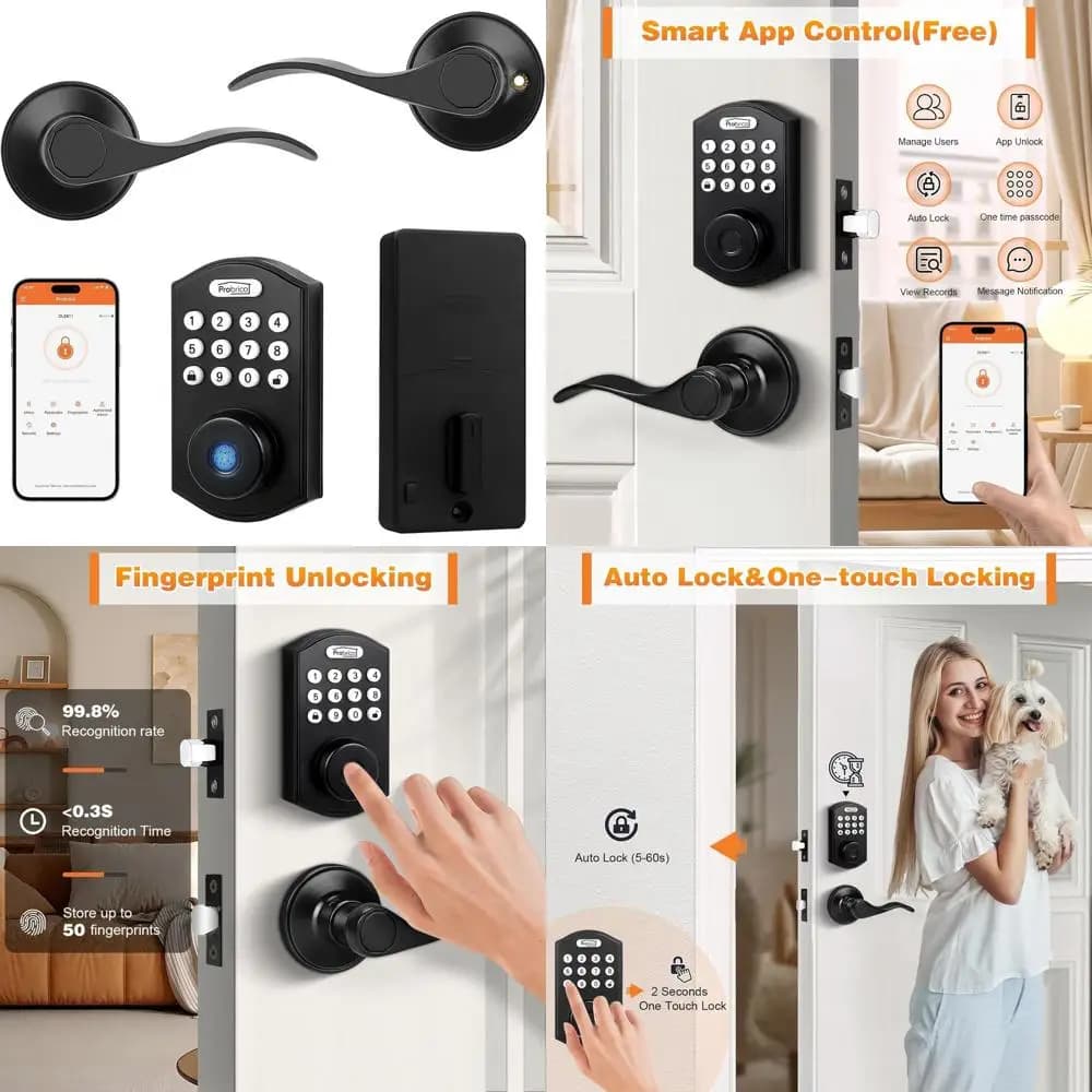 Serratura Intelligente con Maniglia e Ingresso Tramite Impronta Digitale, Set Serratura per Porta d'Ingresso Nera