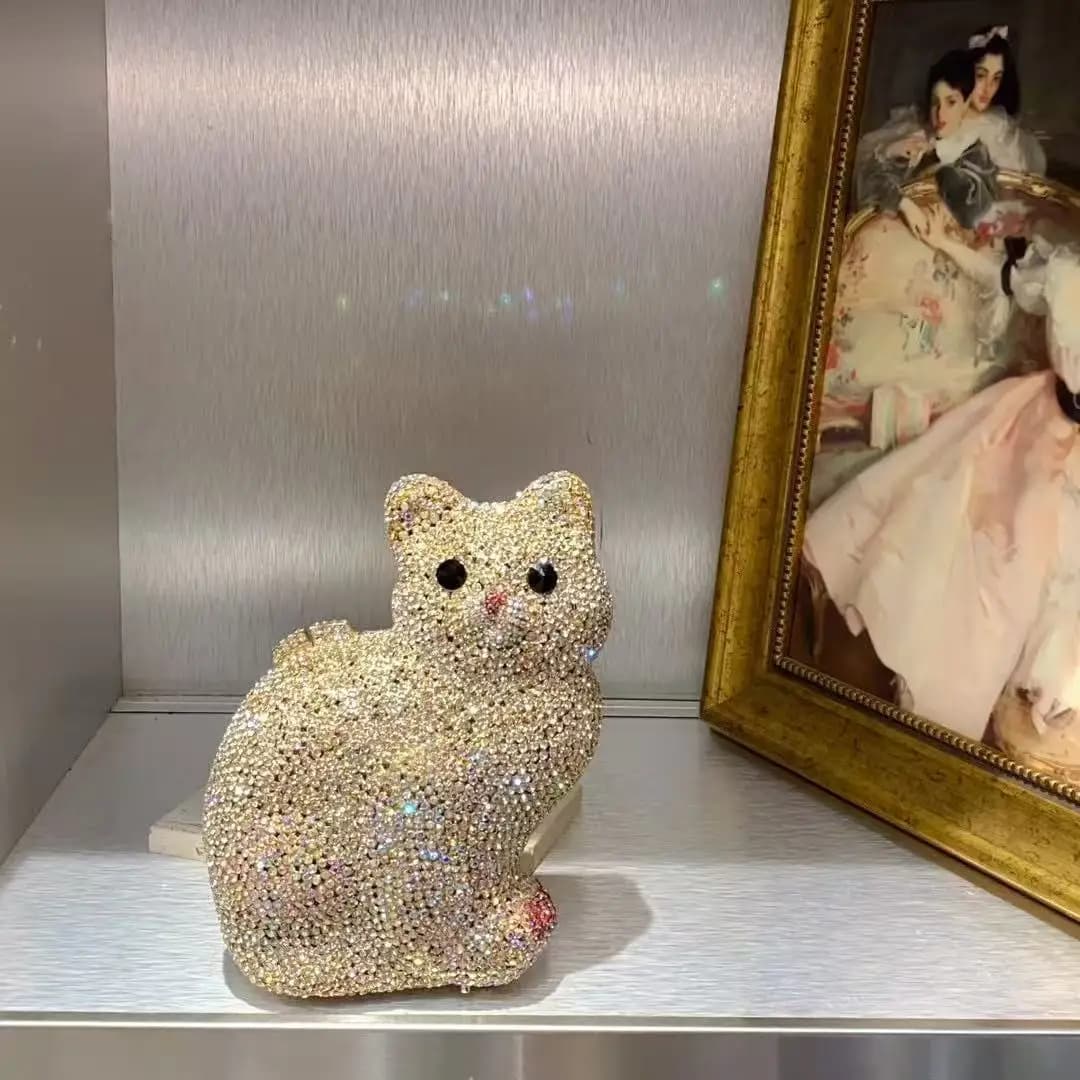 Gold Cute Cat Shape Women Handbag Wedding Party Crystal Rhinestones Diamond Clutch Purse Luxury Glitter Evening Bag Shoulder Bag