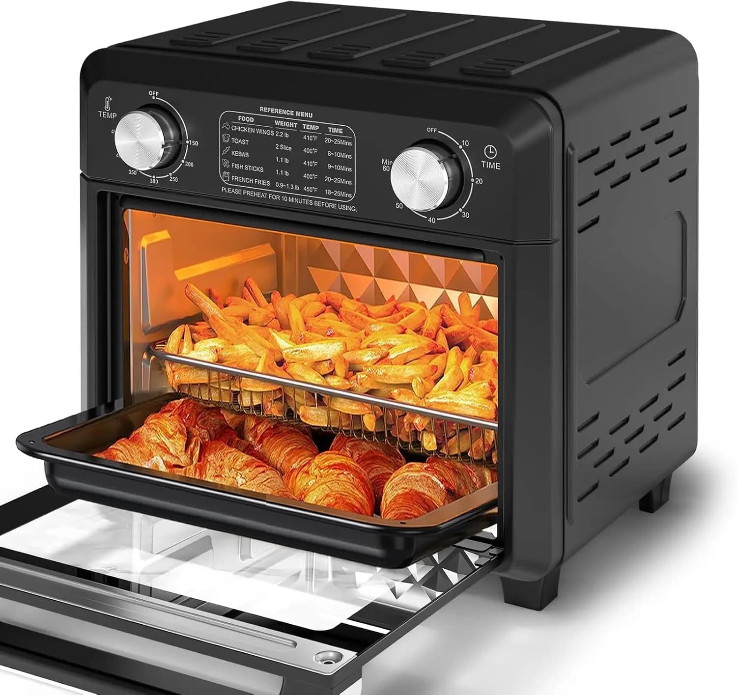 Compact 11QT Convection Toaster Oven with Air Fryer Function, 1500W, 2-Slice Capacity, Reference Menus, Adjustable Time & Temper