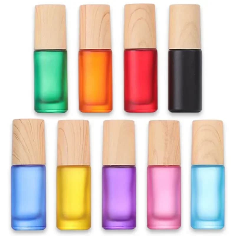 10/20/30/50 Pz 5 ml Bottiglia di Vetro Opaco Rullo Coperchio di Grano di Legno Colorato Olio Essenziale Contenitore di Profumo Riutilizzabile Bottiglia di Crema Per Gli Occhi