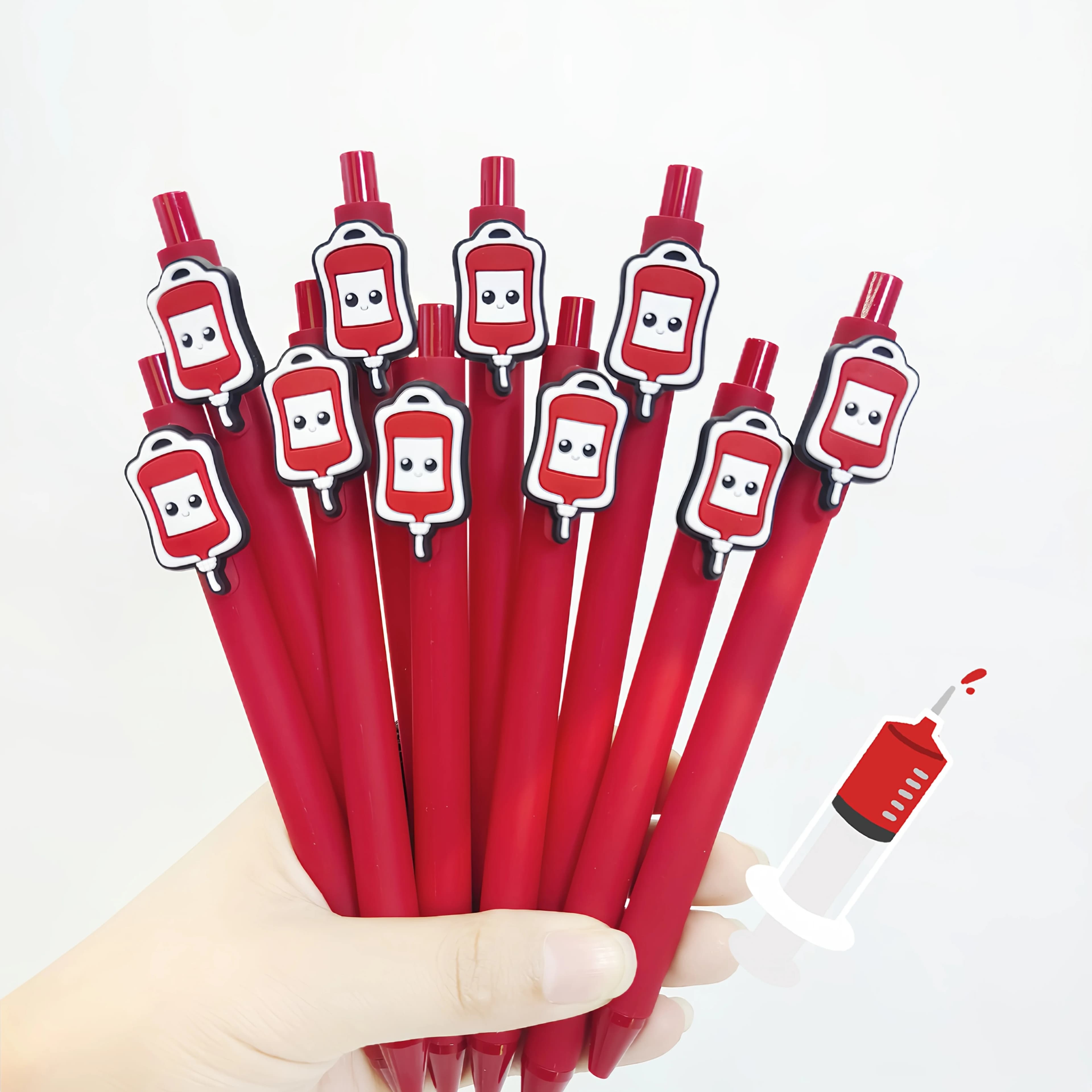 10 Penne Rosse Semplici con Adesivi Medici, Penne in Gel Morbido PVC, Penne Regalo per Studenti