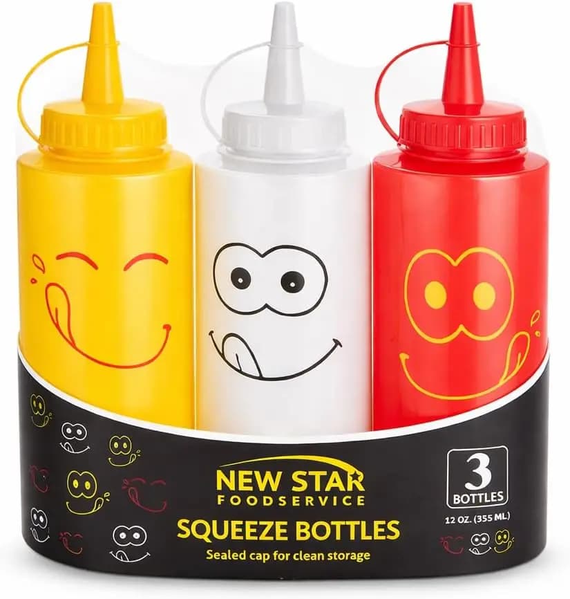 Set di bottiglie per condimenti, 12 Oz, in plastica, con tappi a forma di faccina sorridente, rosso, giallo e trasparente, confezione da 3