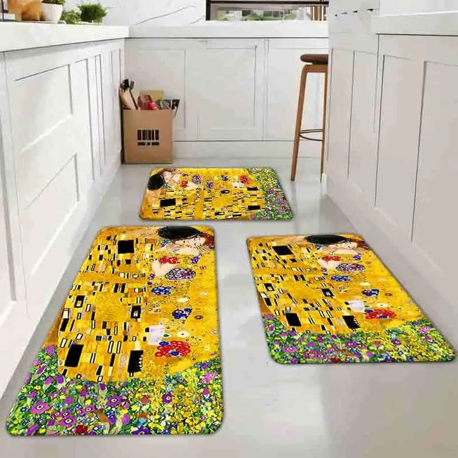 1pc flannel floor mat, Artistic Gold Kiss Painting Pattern, Aesthetic Abstract Oil Painting Non-Slip Modern Decorative Area Rug for Living Room Home Decor, machine washable, soft for living room bedroom kitchen decor
