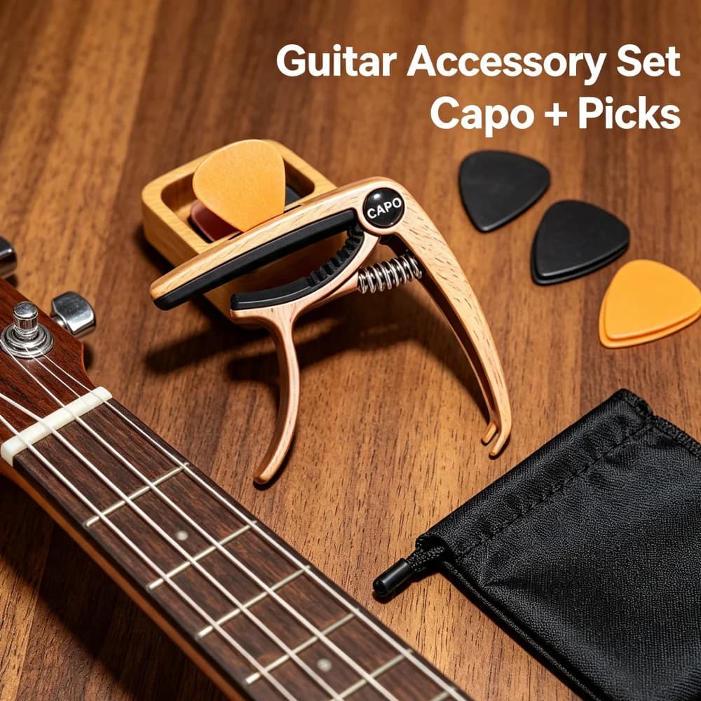 Wood Grain Guitar Capo with Built-in Pick Slot, Metal Spring Capo for Acoustic & Electric Guitar, Approx. 2.95" × 3.54", 1 Pc