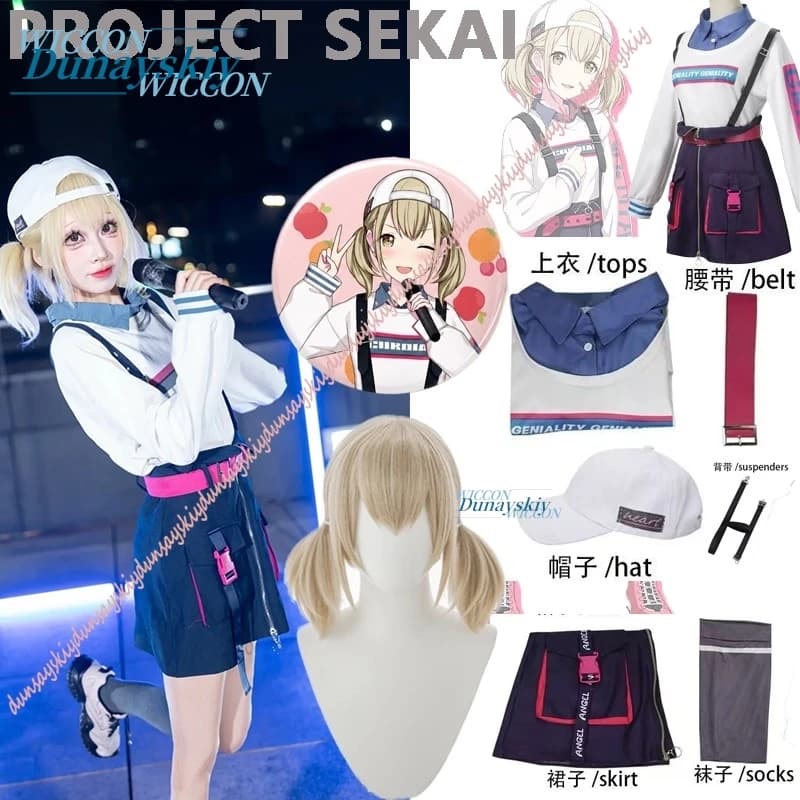 Set Costume Cosplay Game PJSK Kohane Azusawa con Parrucca, Top, Gonna, Cappello, Calze per Donna, Set Halloween, Distintivo Rotondo, Outfit per Feste