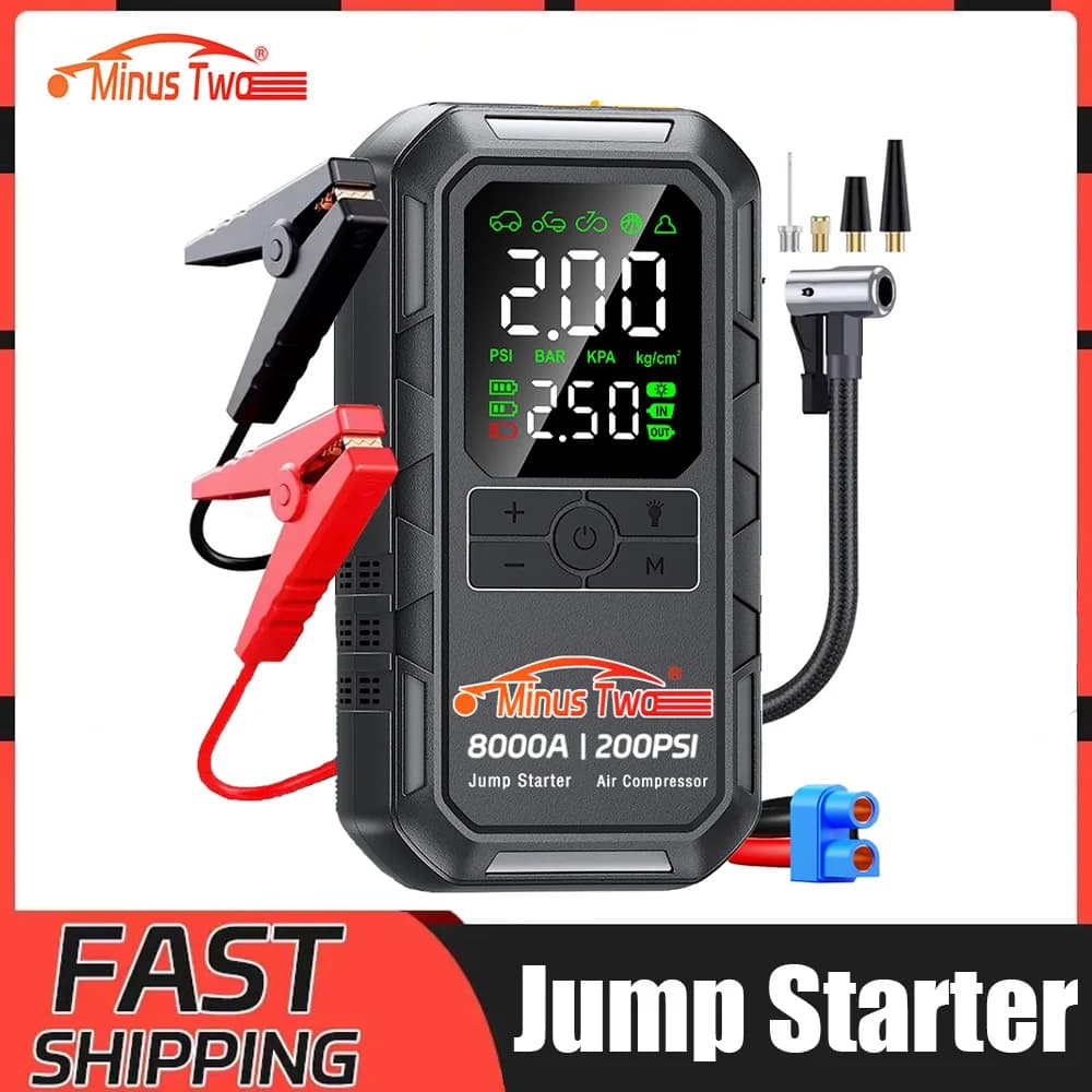 Avviatore d'emergenza per auto 12V, booster batteria portatile con compressore d'aria e illuminazione LED