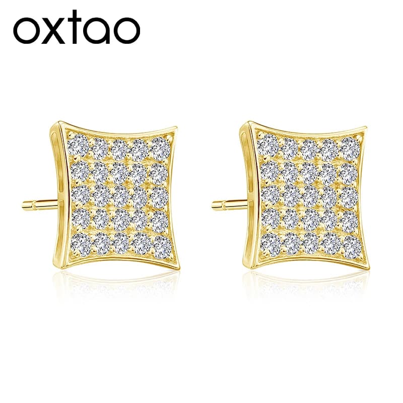 OXTAO Statement Square Stud Earrings for Women Man 1.75mm Cubic Zircon Gold Color Piercing Ear Accessories Hiphop Trend Jewelry